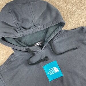 The North Face Box Logo Mens Pullover Hoodie Sweatshirt Teal Blue Size Medium